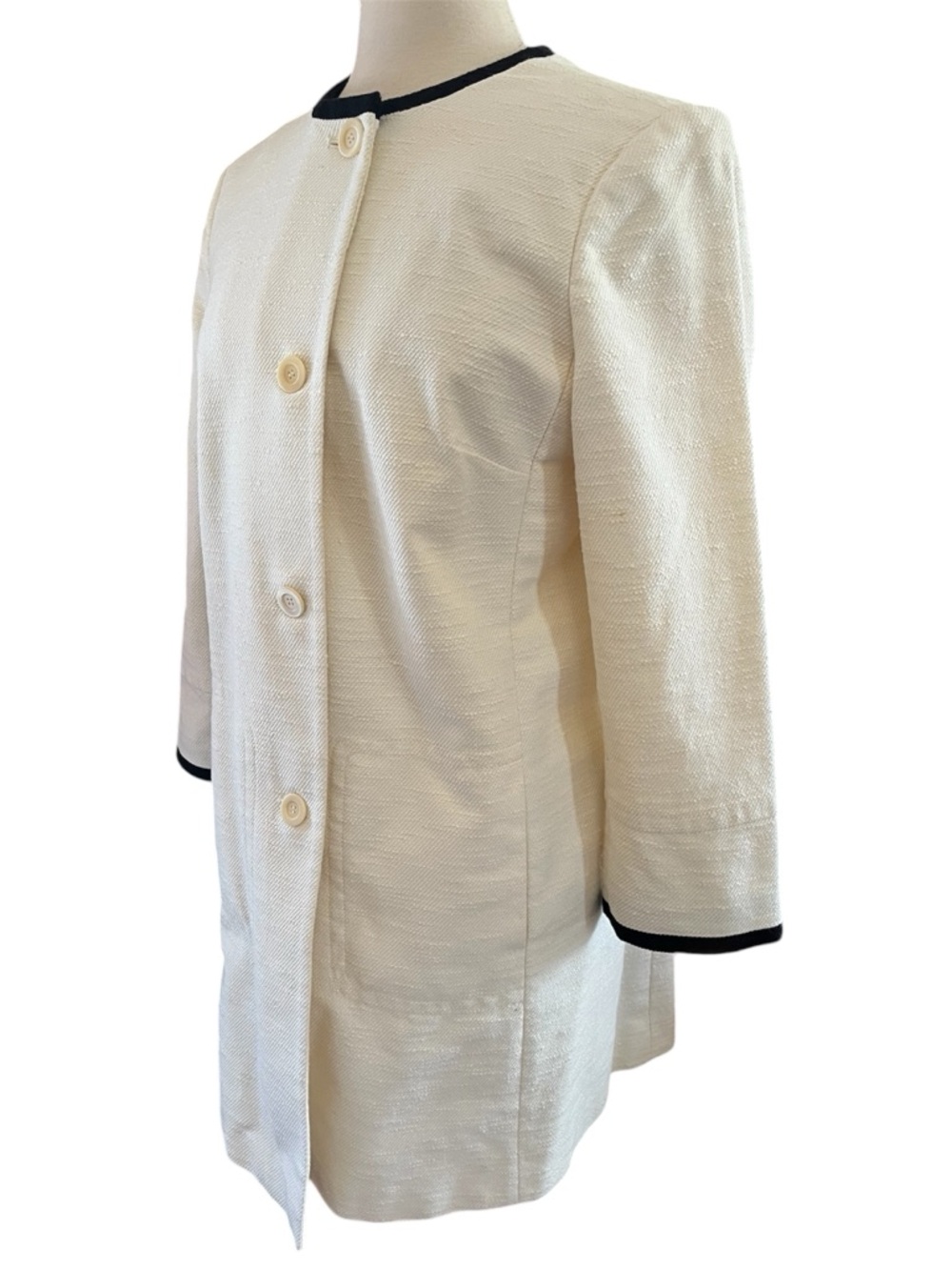 Talbots collarless textured Ivory Coat/Duster w/ Black Trim & pockets Size 14 - Picture 5 of 17